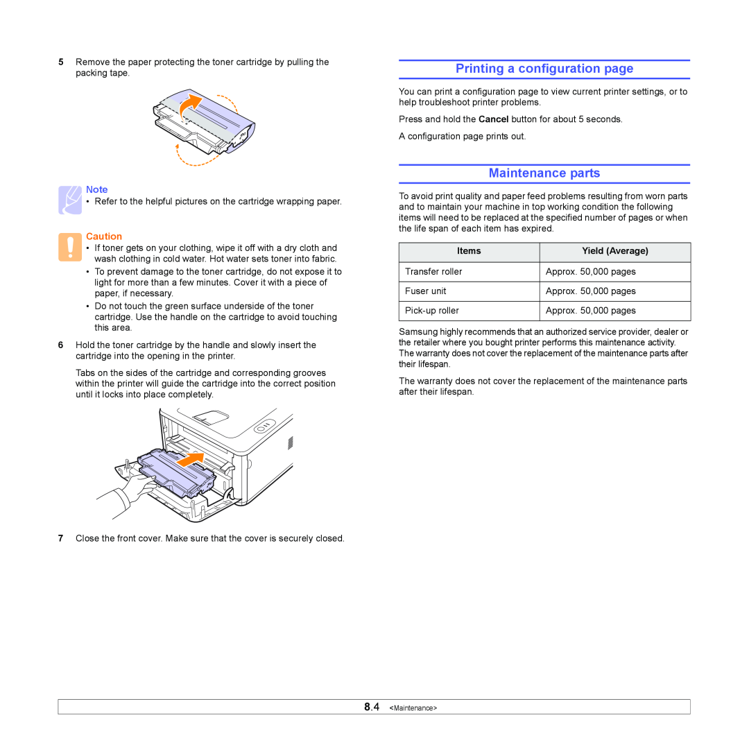Samsung ML-2850D manual Printing a configuration page, Maintenance parts, Items, Yield Average 
