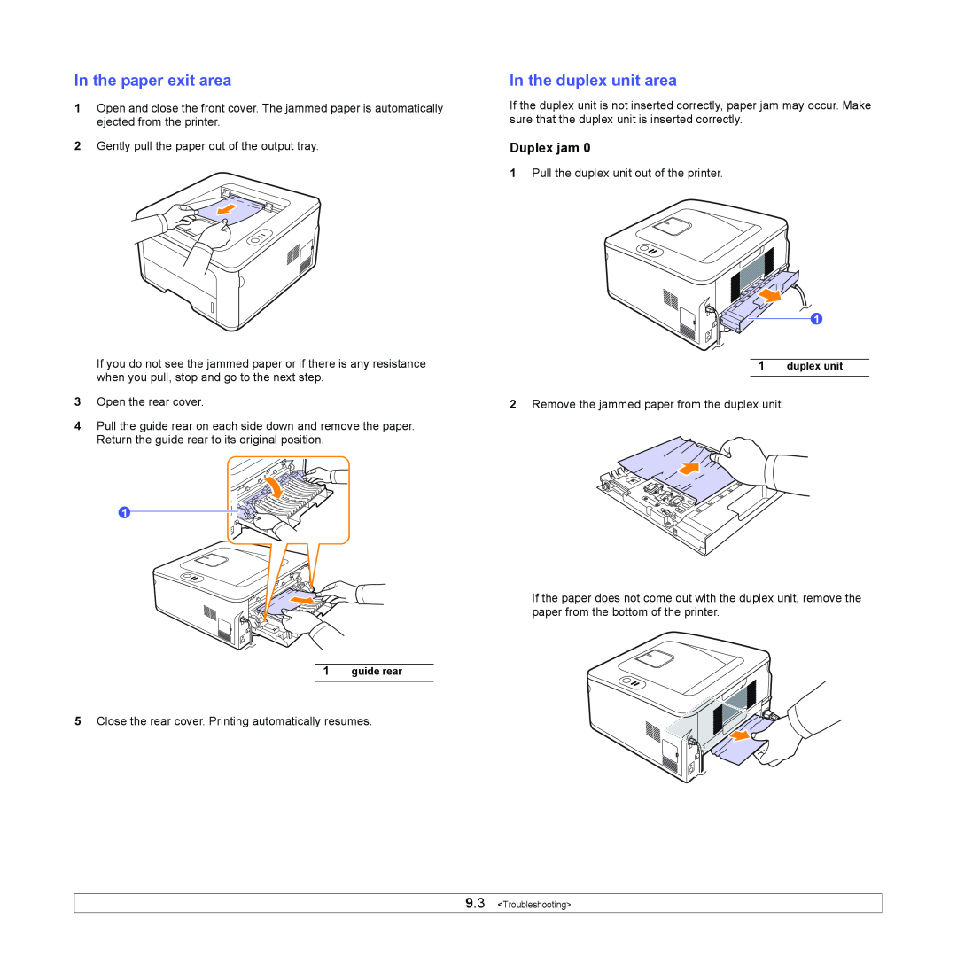 Samsung ML-2850D manual In the paper exit area, In the duplex unit area, Duplex jam 