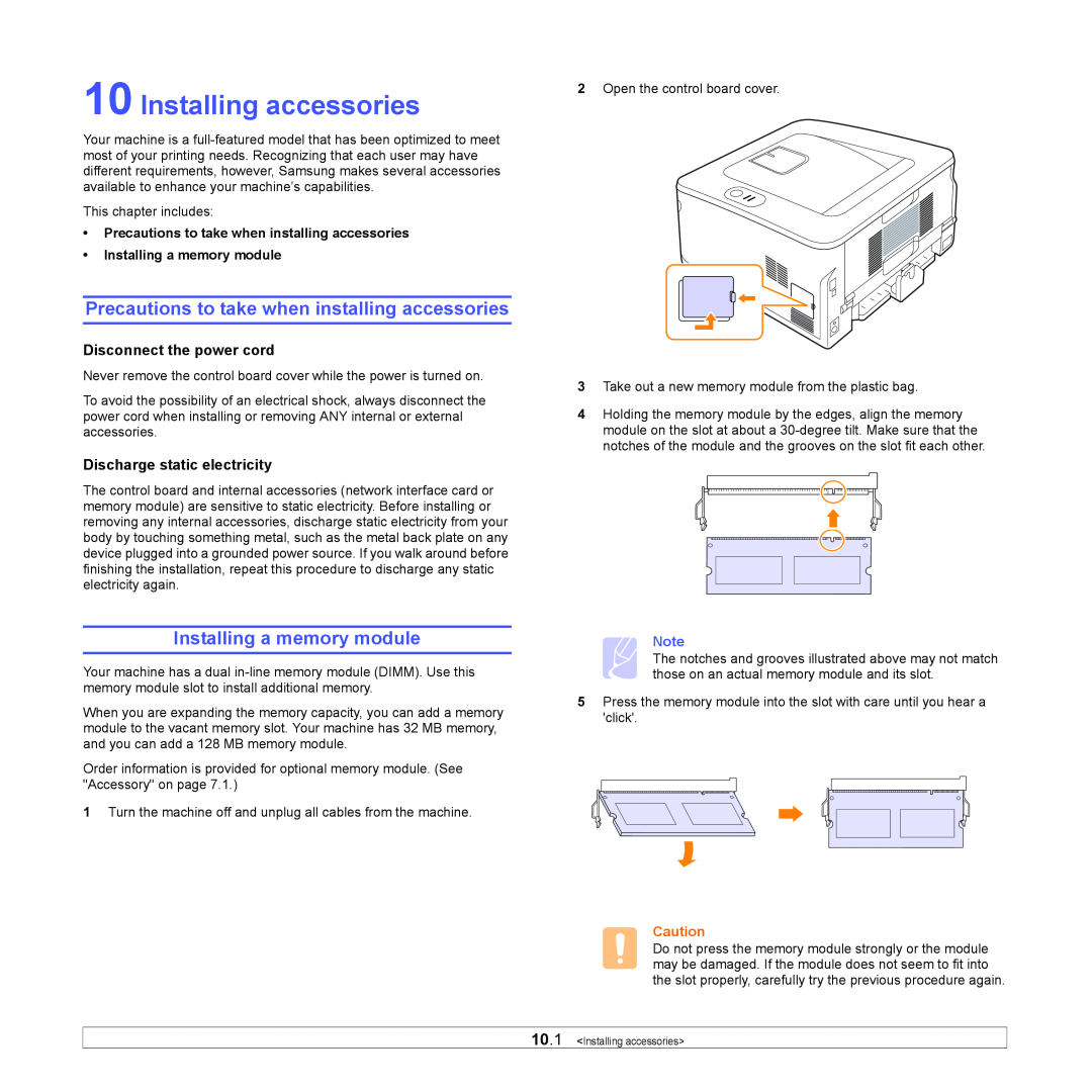 Samsung ML-2850D manual Installing accessories, Precautions to take when installing accessories, Installing a memory module 