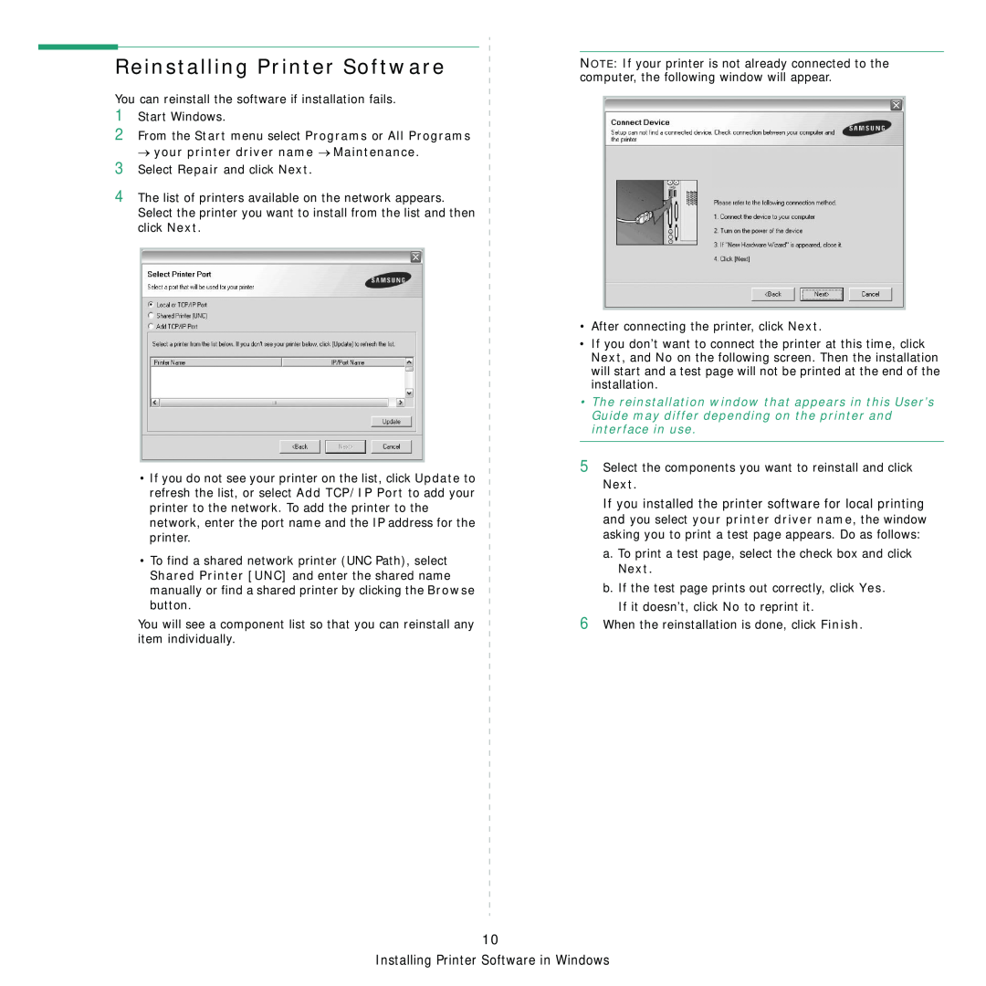 Samsung ML-2850D manual Reinstalling Printer Software 