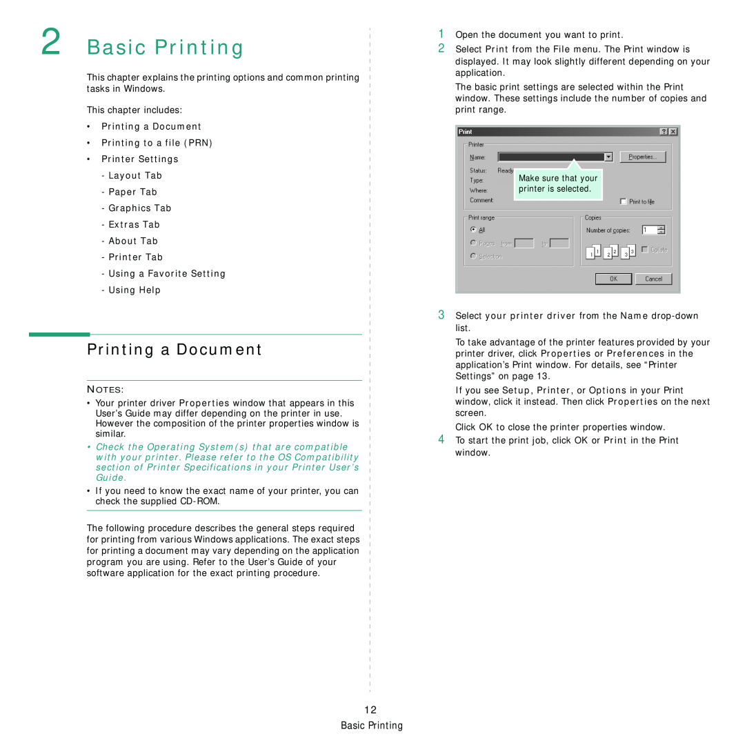 Samsung ML-2850D manual Basic Printing, Printing a Document Printing to a file PRN Printer Settings 
