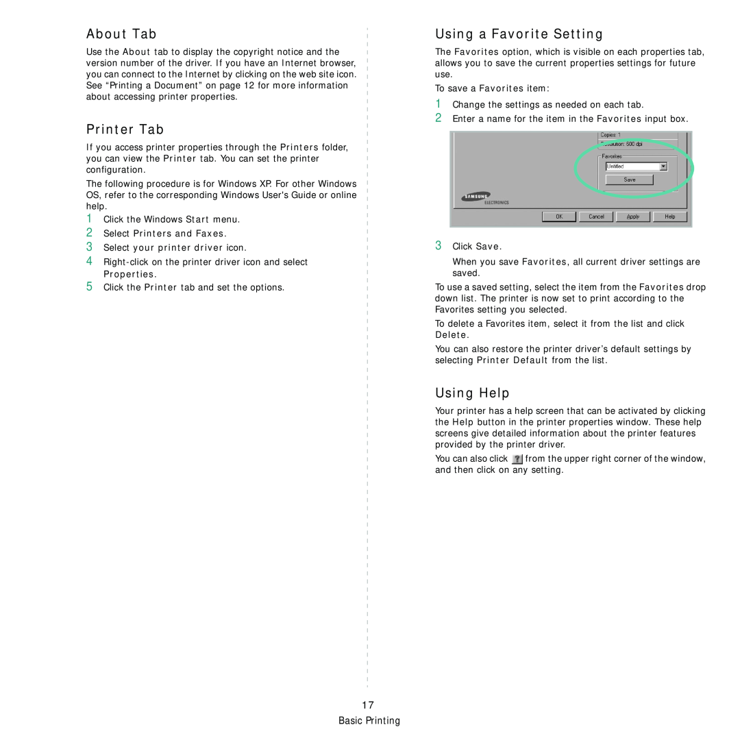 Samsung ML-2850D manual About Tab, Printer Tab, Using a Favorite Setting, Using Help, Properties 