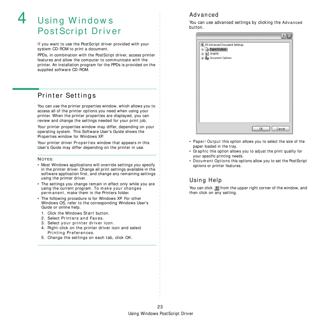 Samsung ML-2850D manual Using Windows PostScript Driver, Advanced, Printer Settings, Using Help 