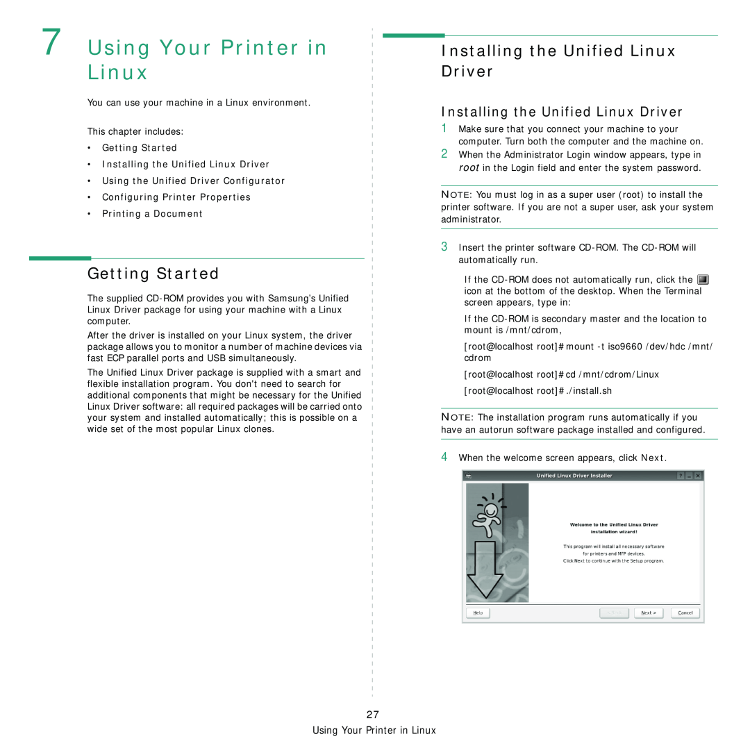 Samsung ML-2850D Using Your Printer in Linux, Getting Started, Installing the Unified Linux Driver, Printing a Document 