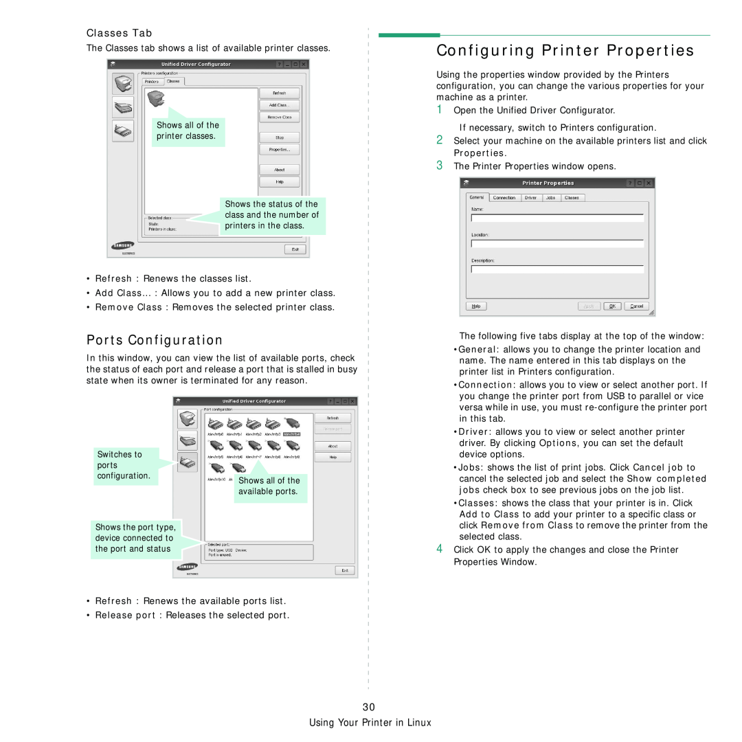 Samsung ML-2850D manual Configuring Printer Properties, Ports Configuration, Classes Tab 