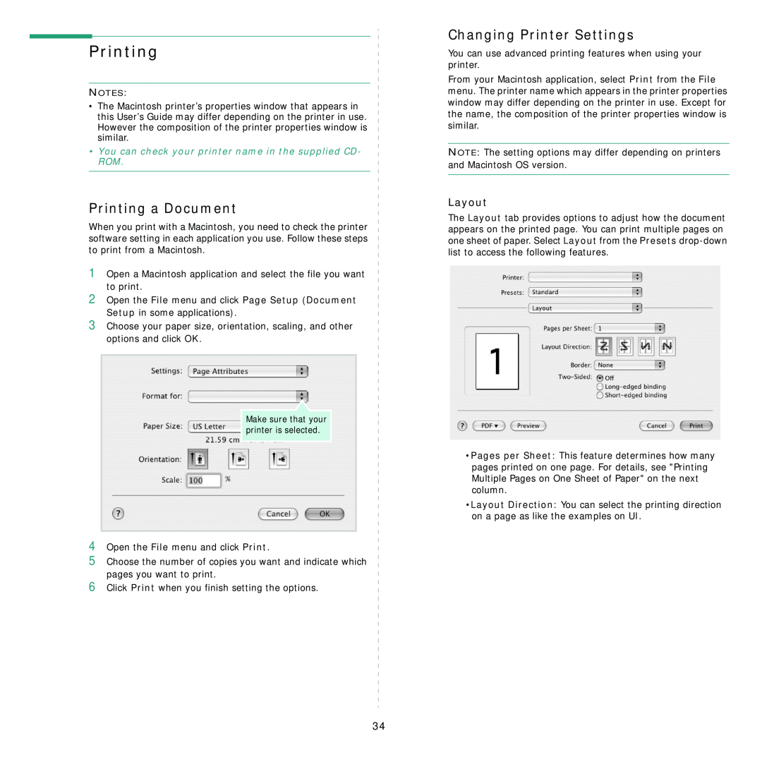 Samsung ML-2850D manual Printing a Document, Changing Printer Settings, Layout 