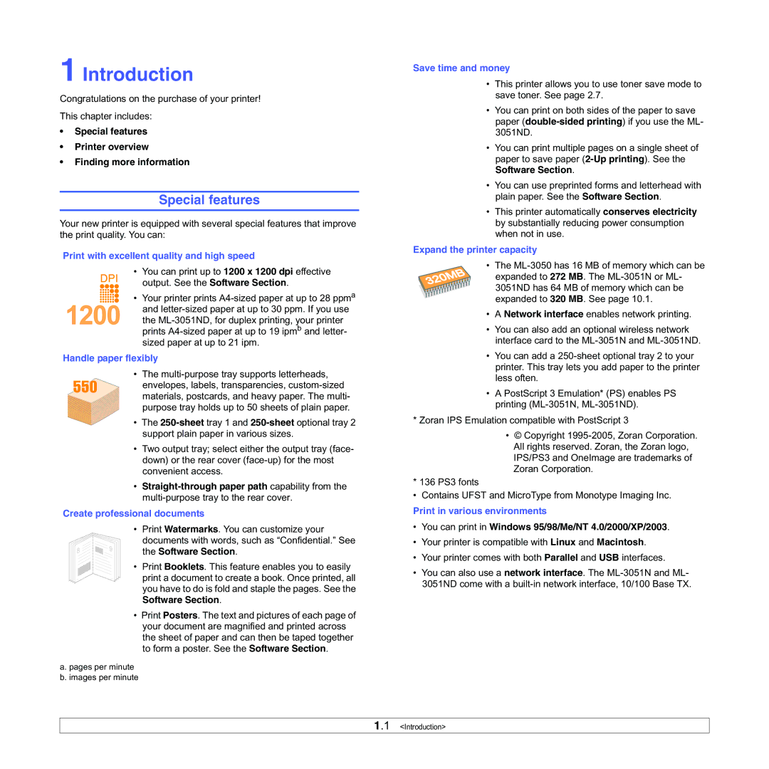 Samsung ML-3050 manual Introduction, Special features Printer overview Finding more information 