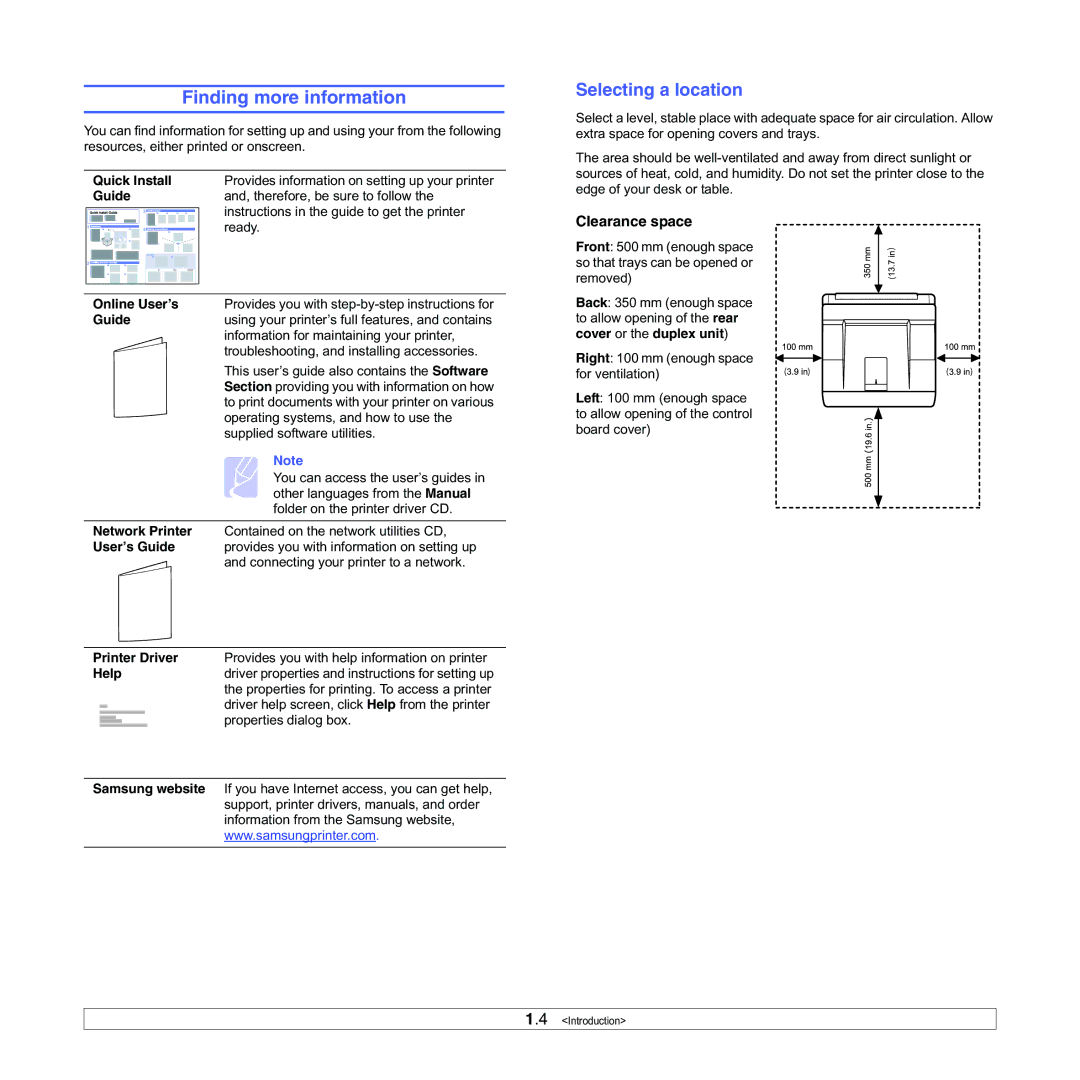 Samsung ML-3050 manual Finding more information, Selecting a location, Clearance space 