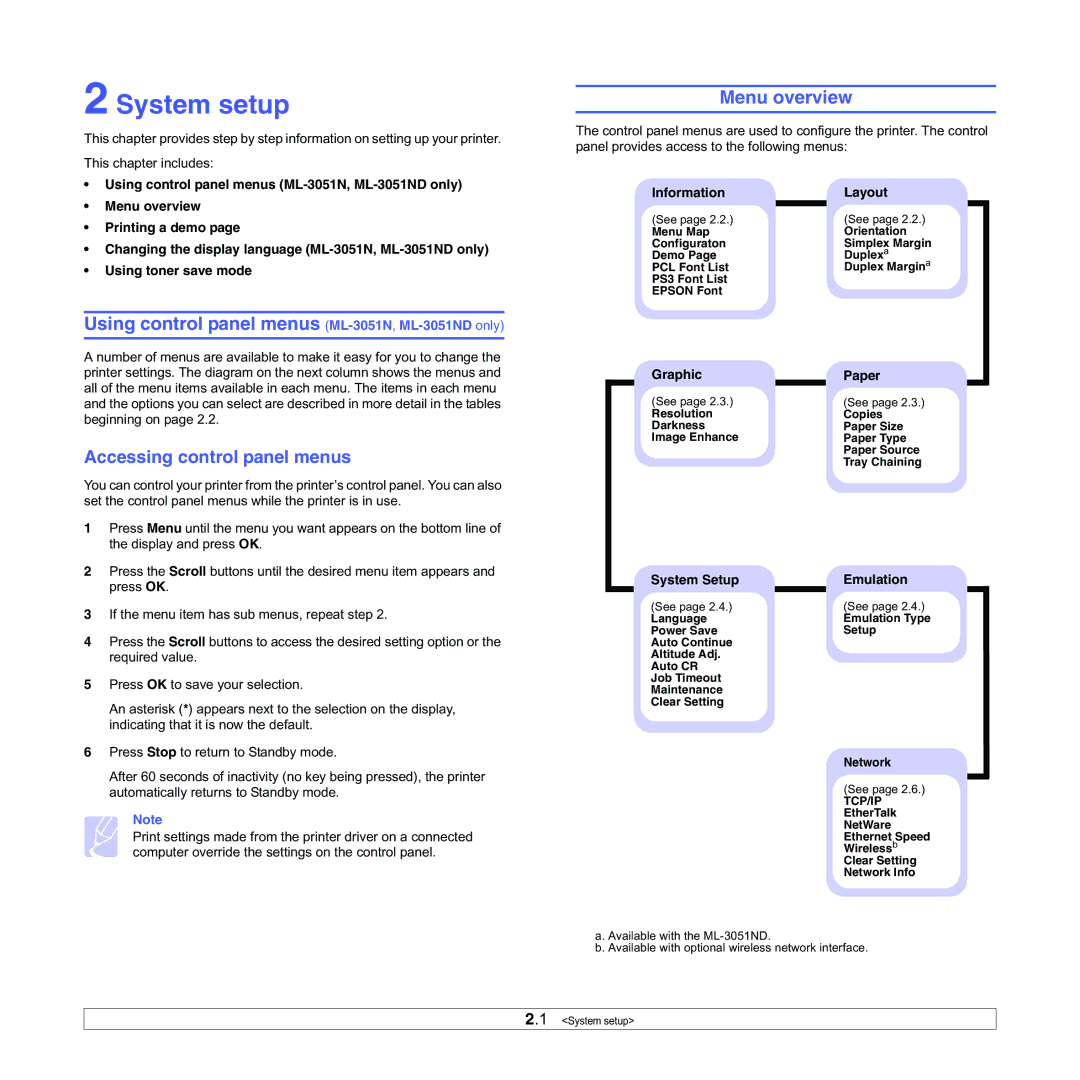 Samsung ML-3050 manual System setup, Using control panel menus ML-3051N,ML-3051NDonly, Menu overview 