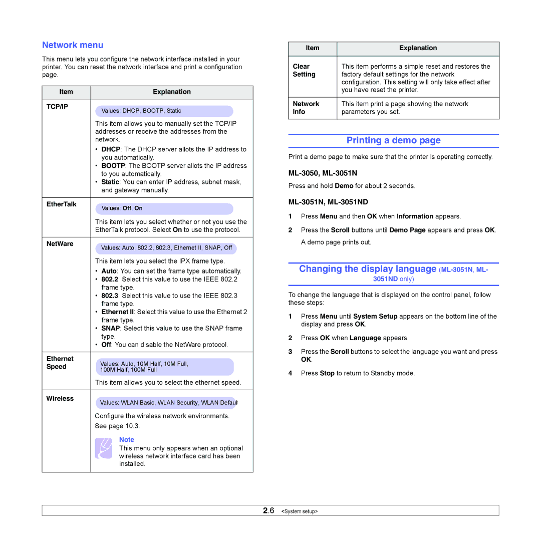 Samsung manual Printing a demo, Changing the display language ML-3051N,ML, Network menu, ML-3050, ML-3051N 