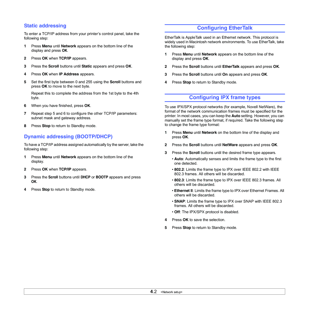 Samsung ML-3050 manual Configuring EtherTalk, Configuring IPX frame types, Static addressing, Dynamic addressing BOOTP/DHCP 