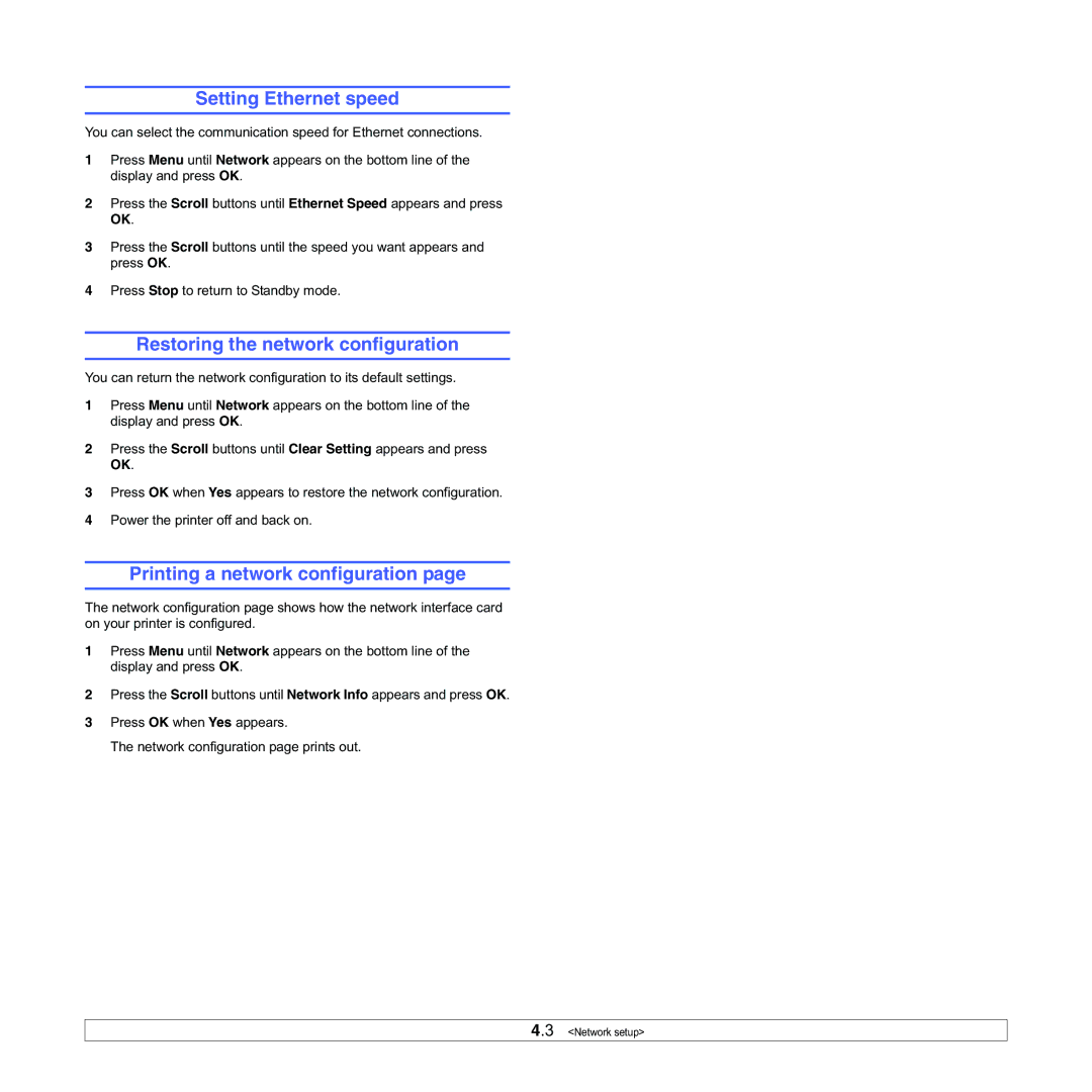 Samsung ML-3050 manual Setting Ethernet speed, Restoring the network configuration, Printing a network configuration 