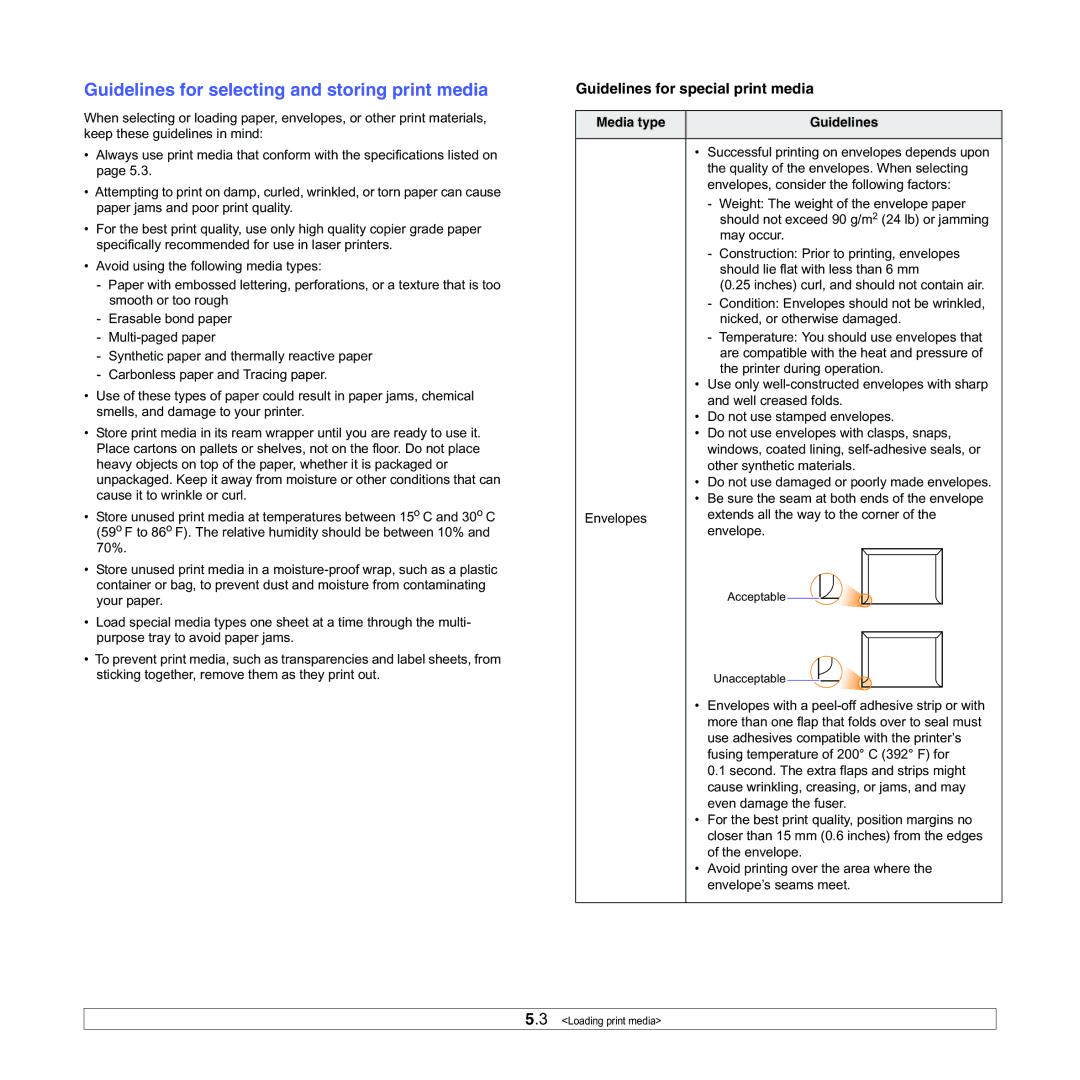 Samsung ML-3050 manual Guidelines for selecting and storing print media, Guidelines for special print media 