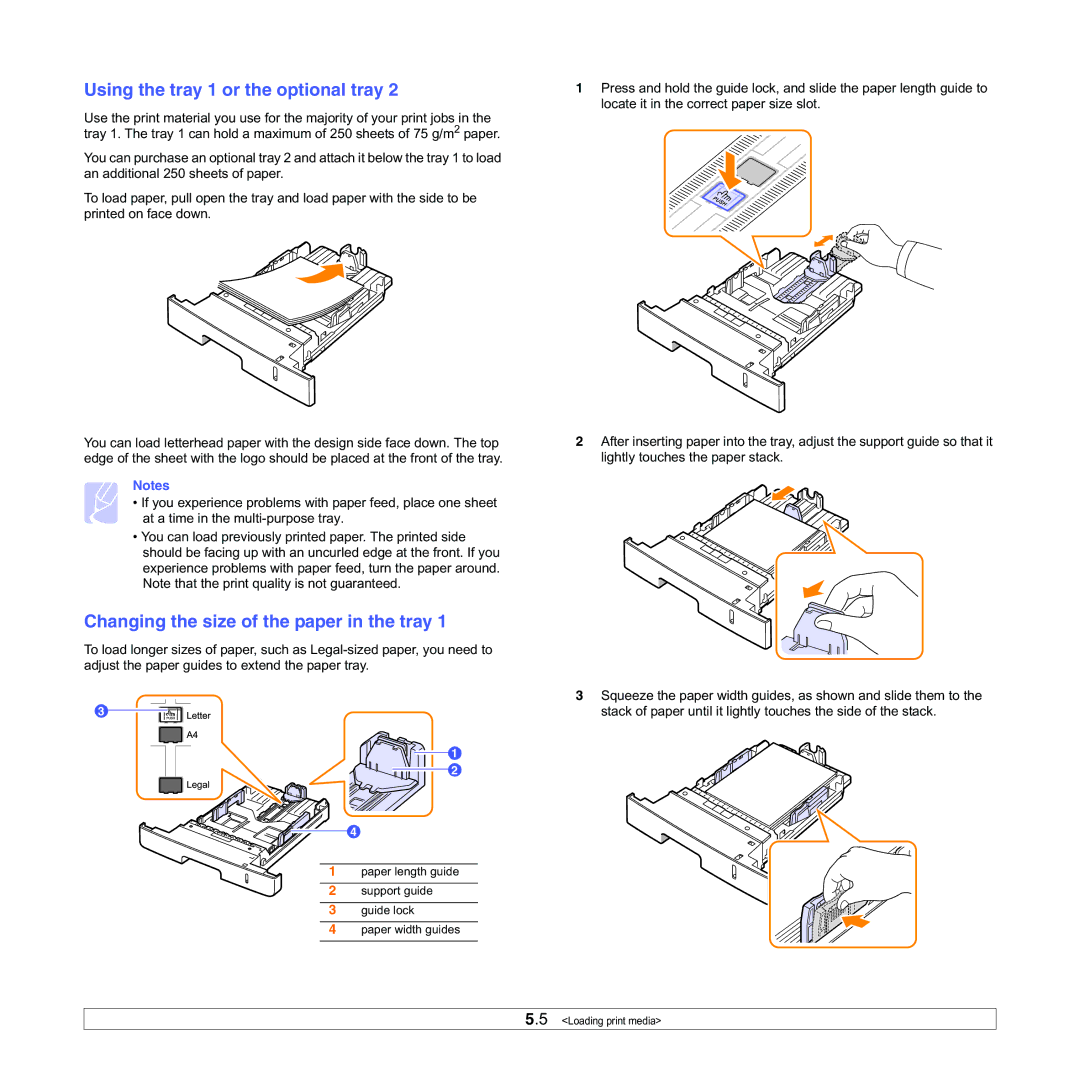 Samsung ML-3050 manual Using the tray 1 or the optional tray, Changing the size of the paper in the tray 