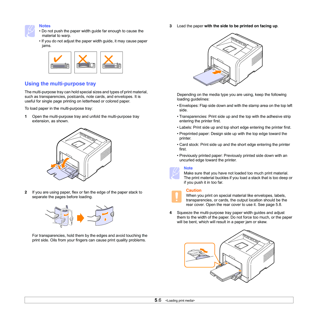 Samsung ML-3050 manual Using the multi-purpose tray, Load the paper with the side to be printed on facing up 