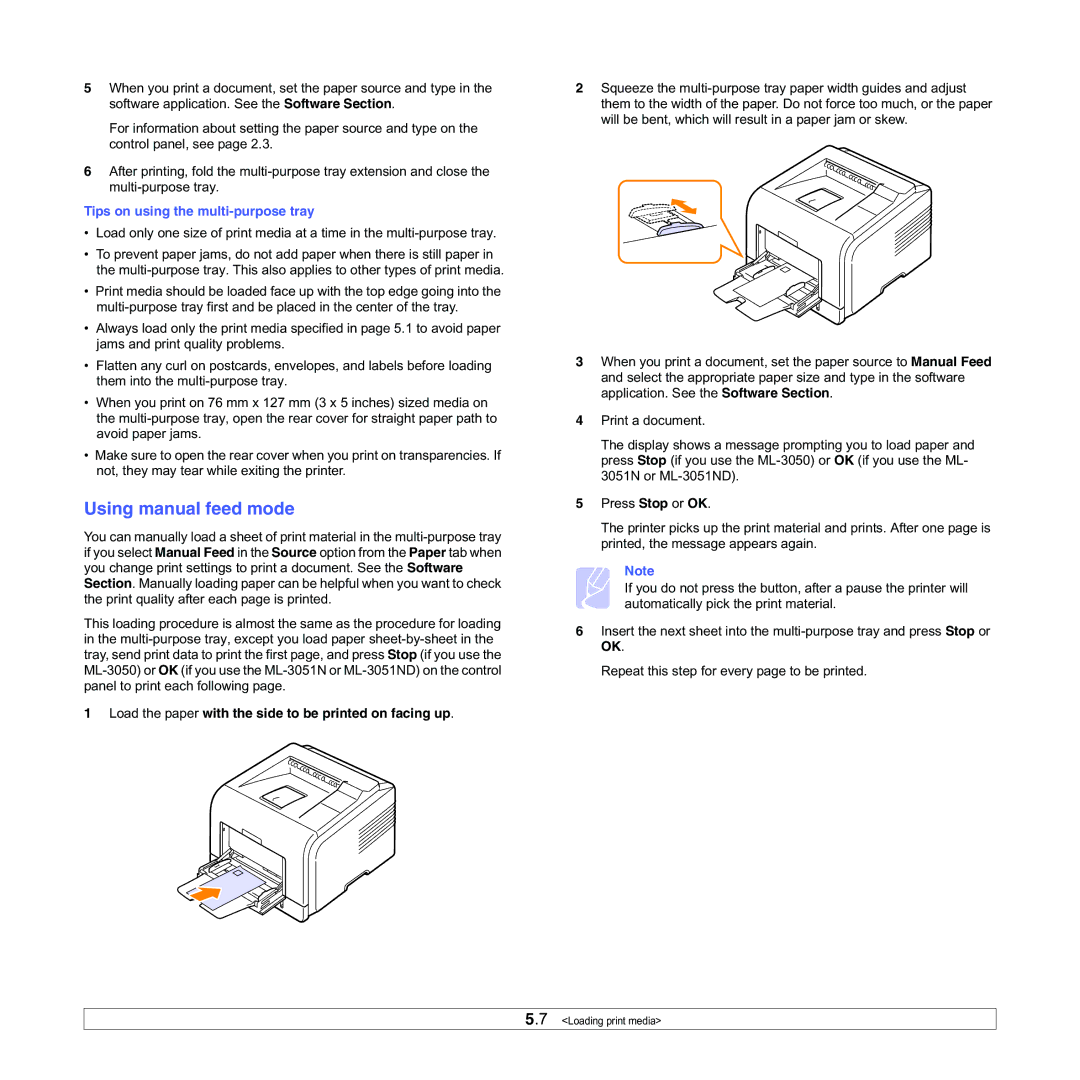 Samsung ML-3050 Using manual feed mode, Tips on using the multi-purpose tray 