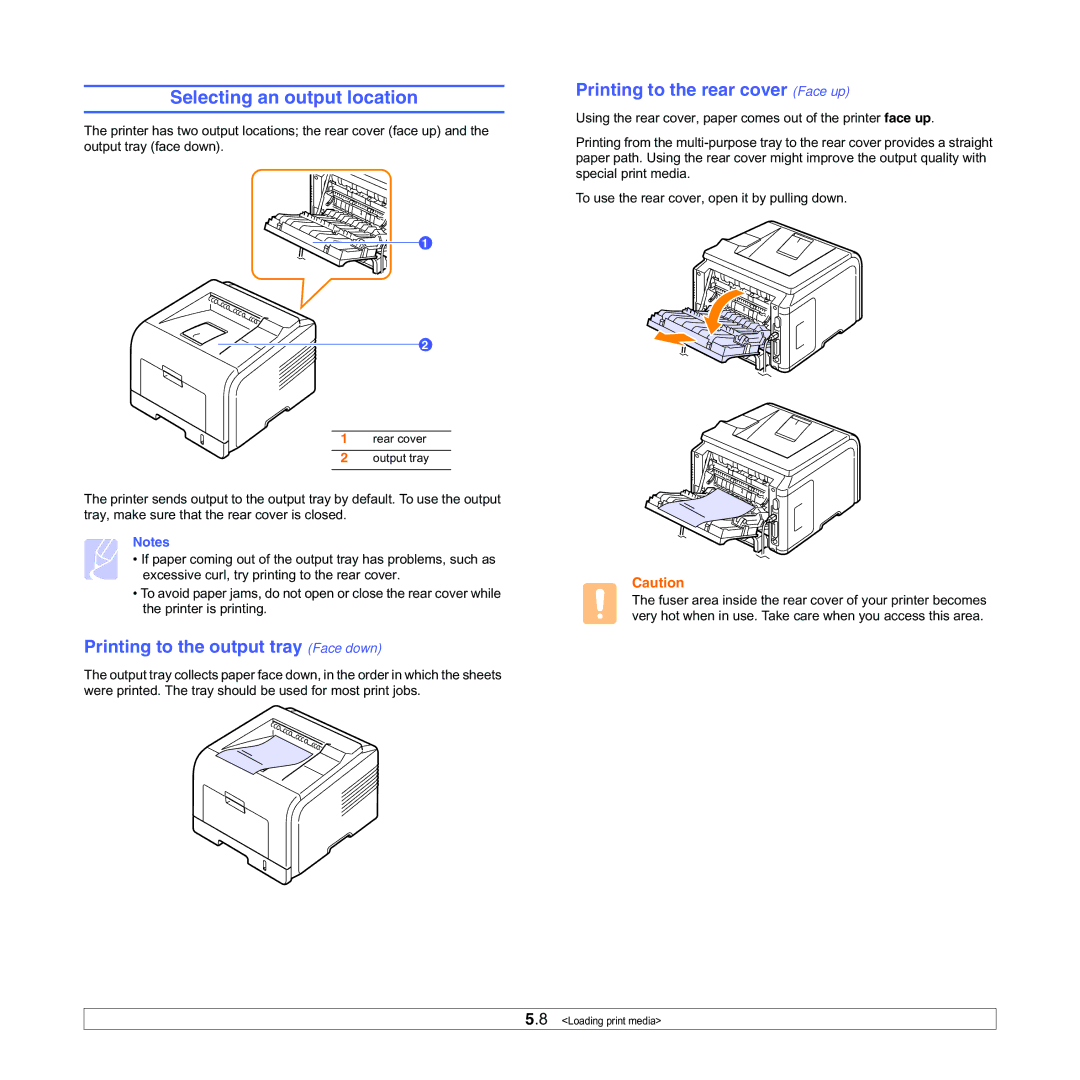 Samsung ML-3050 Selecting an output location, Printing to the output tray Face down, Printing to the rear cover Face up 