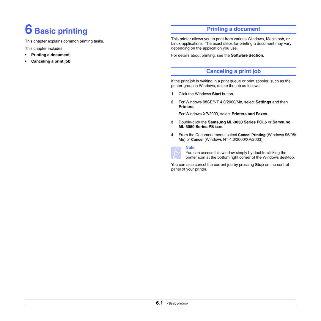 Samsung ML-3050 manual Basic printing, Printing a document Canceling a print job 