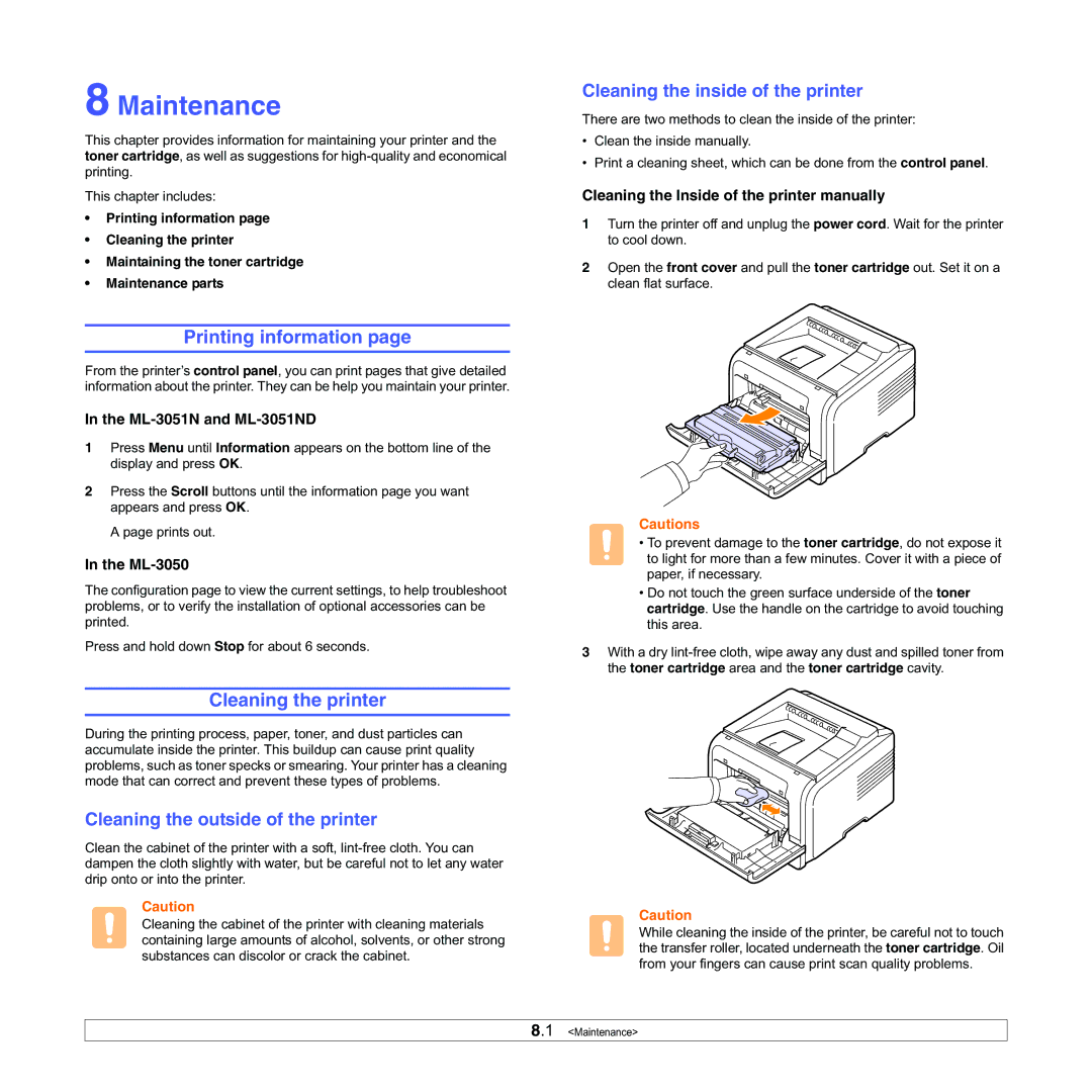 Samsung ML-3050 manual Maintenance, Printing information, Cleaning the printer, Cleaning the outside of the printer 