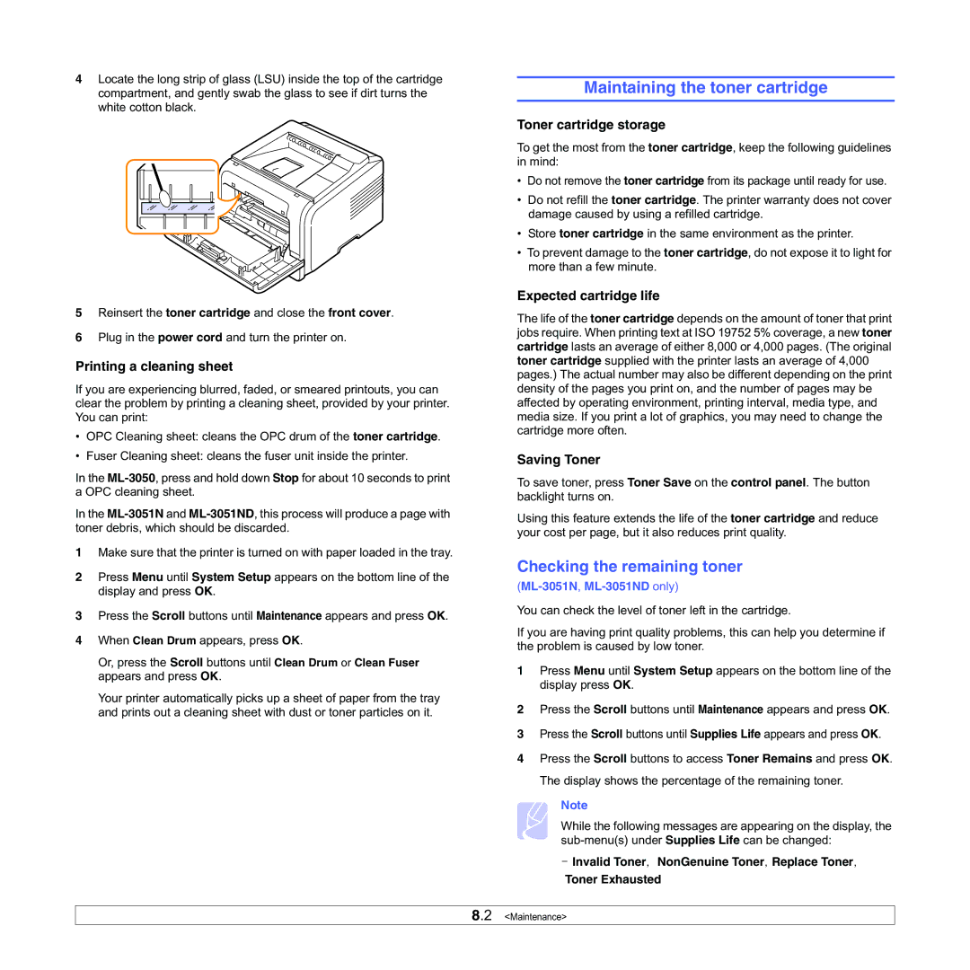 Samsung ML-3050 manual Maintaining the toner cartridge, Checking the remaining toner 