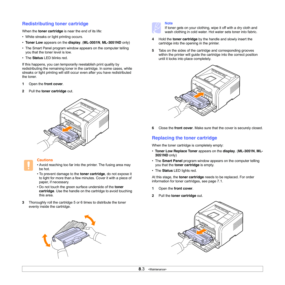 Samsung ML-3050 manual Redistributing toner cartridge, Replacing the toner cartridge 