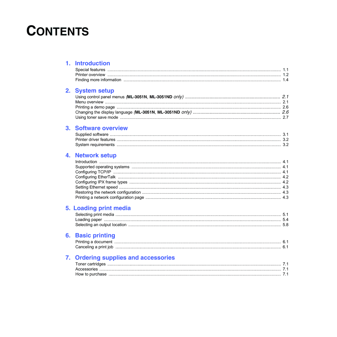 Samsung ML-3050 manual Contents 