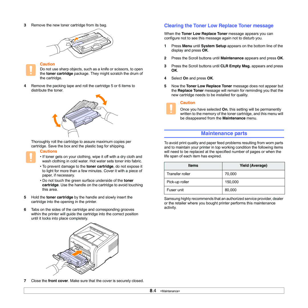 Samsung ML-3050 manual Maintenance parts, Clearing the Toner Low Replace Toner message, Items Yield Average 