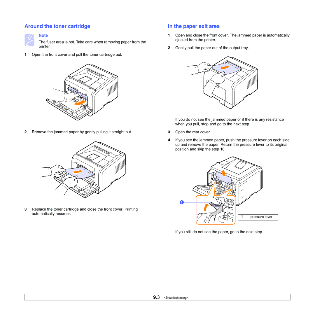 Samsung ML-3050 manual Around the toner cartridge, Paper exit area 