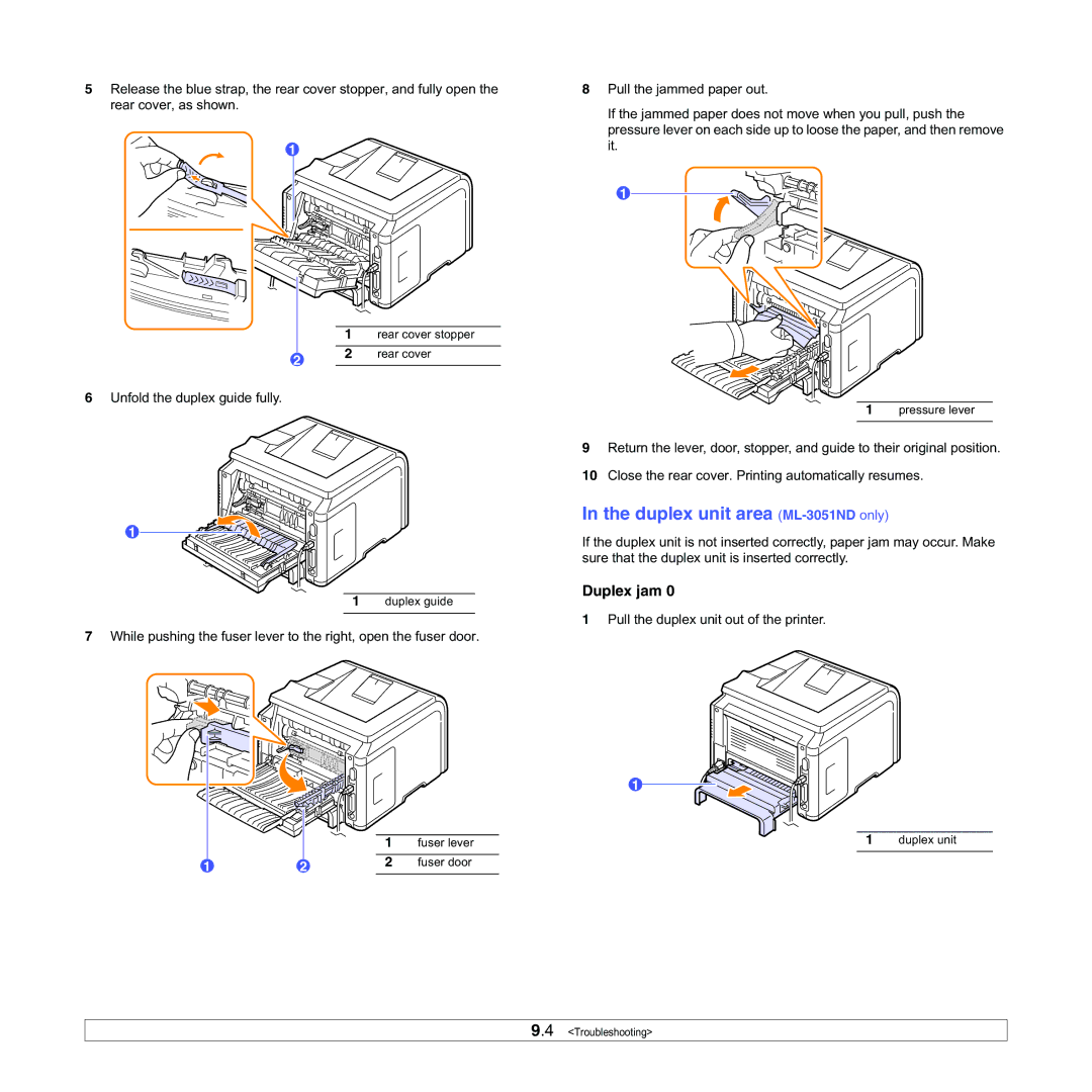 Samsung ML-3050 manual Duplex unit area ML-3051NDonly, Duplex jam 