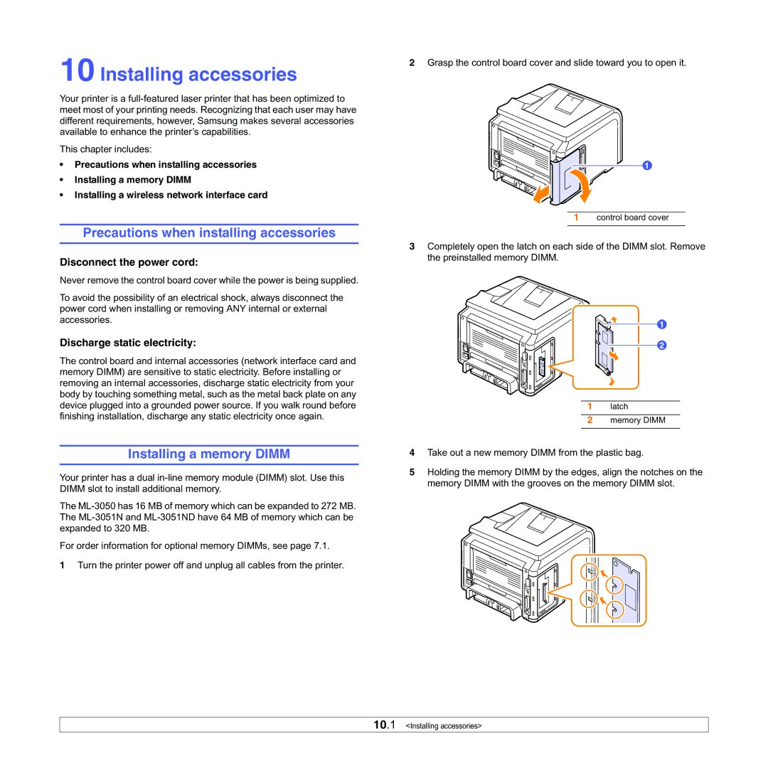 Samsung ML-3050 manual Installing accessories, Precautions when installing accessories, Installing a memory Dimm 