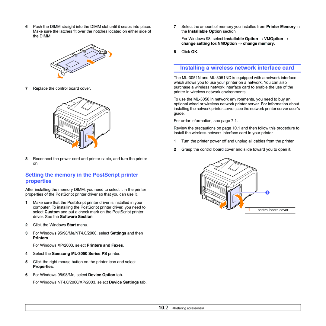 Samsung ML-3050 Installing a wireless network interface card, Setting the memory in the PostScript printer properties 