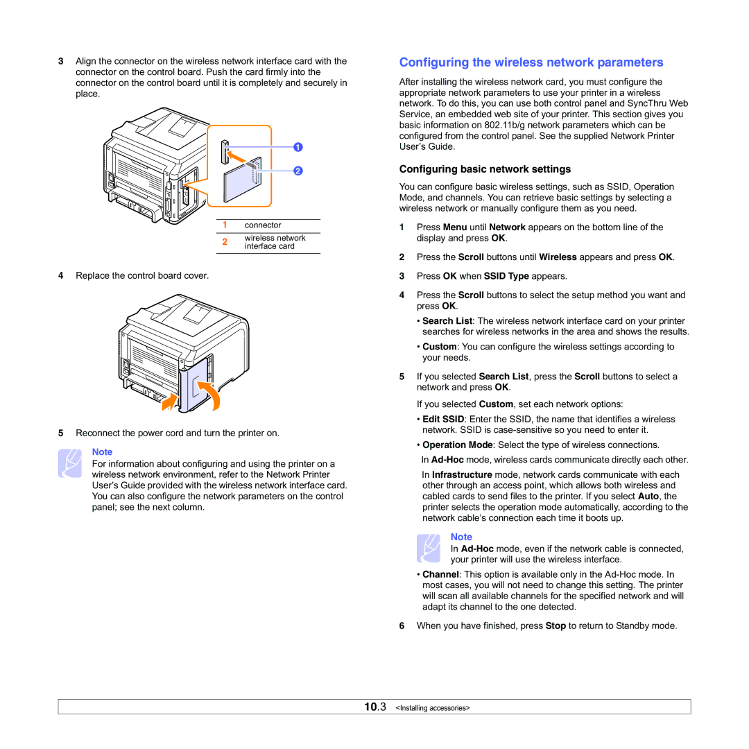 Samsung ML-3050 manual Configuring the wireless network parameters, Configuring basic network settings 