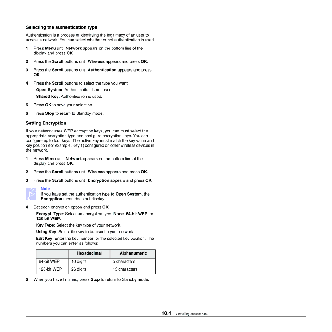 Samsung ML-3050 manual Selecting the authentication type, Setting Encryption, Hexadecimal Alphanumeric 