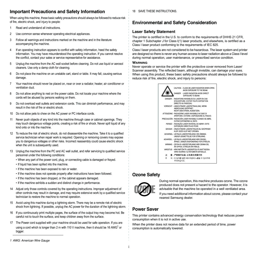 Samsung ML-3050 manual Important Precautions and Safety Information 