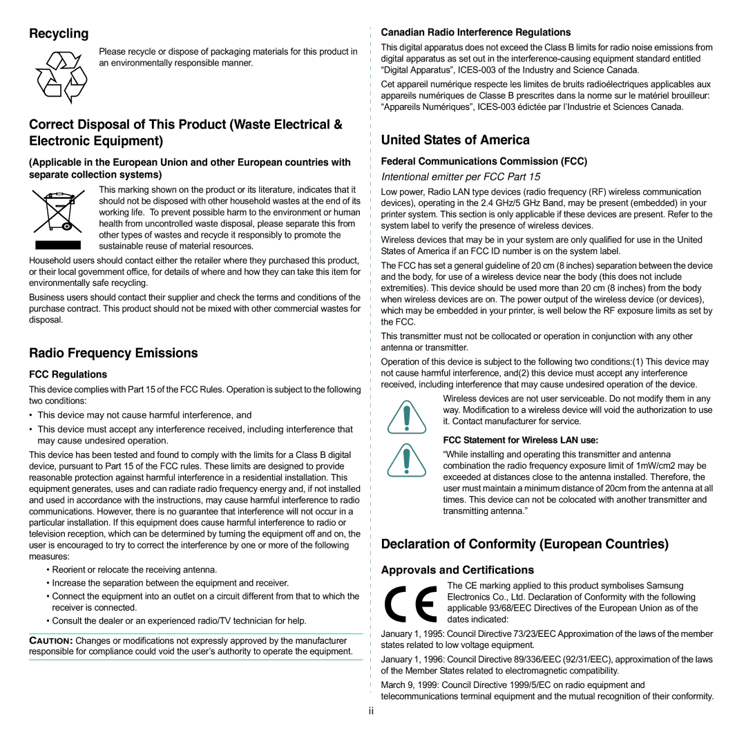 Samsung ML-3050 manual FCC Regulations, Canadian Radio Interference Regulations, Federal Communications Commission FCC 