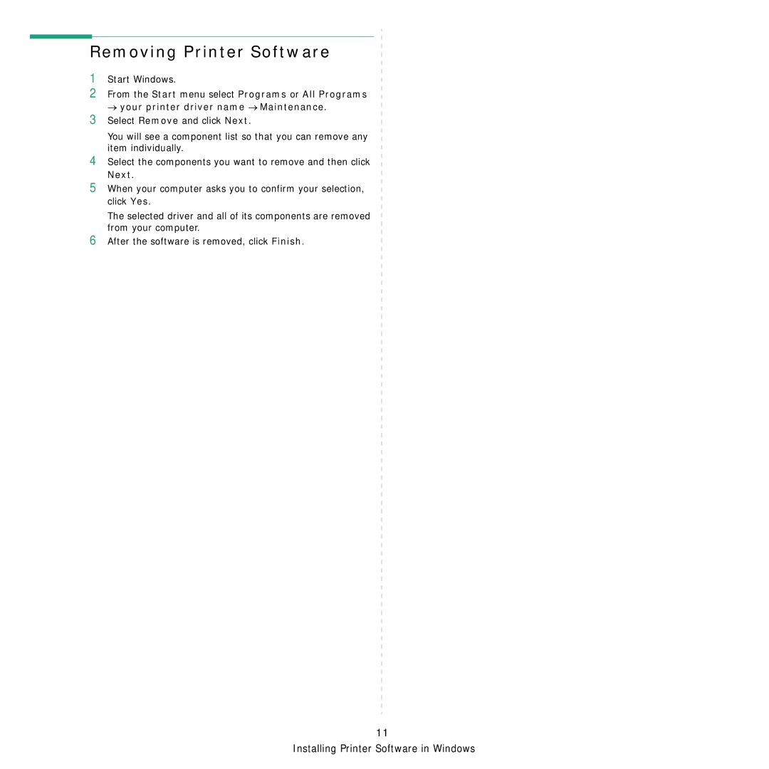 Samsung ML-3050 manual Removing Printer Software, Next 