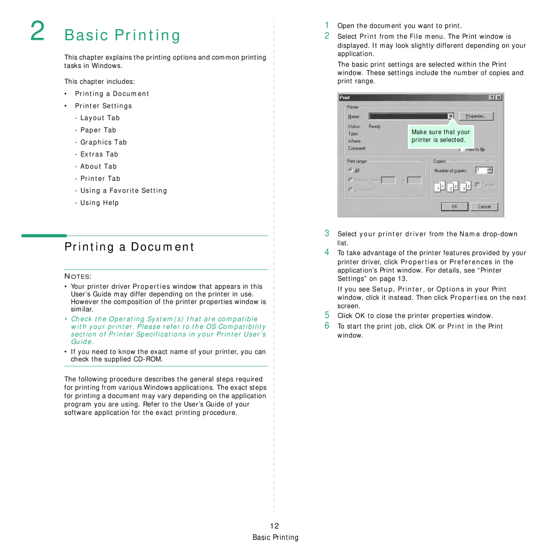 Samsung ML-3050 manual Printing a Document, Select your printer driver from the Name drop-down list 