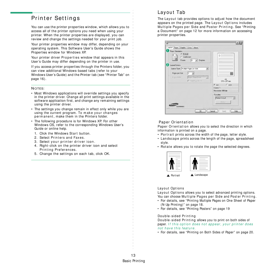 Samsung ML-3050 manual Printer Settings, Layout Tab, Paper Orientation 