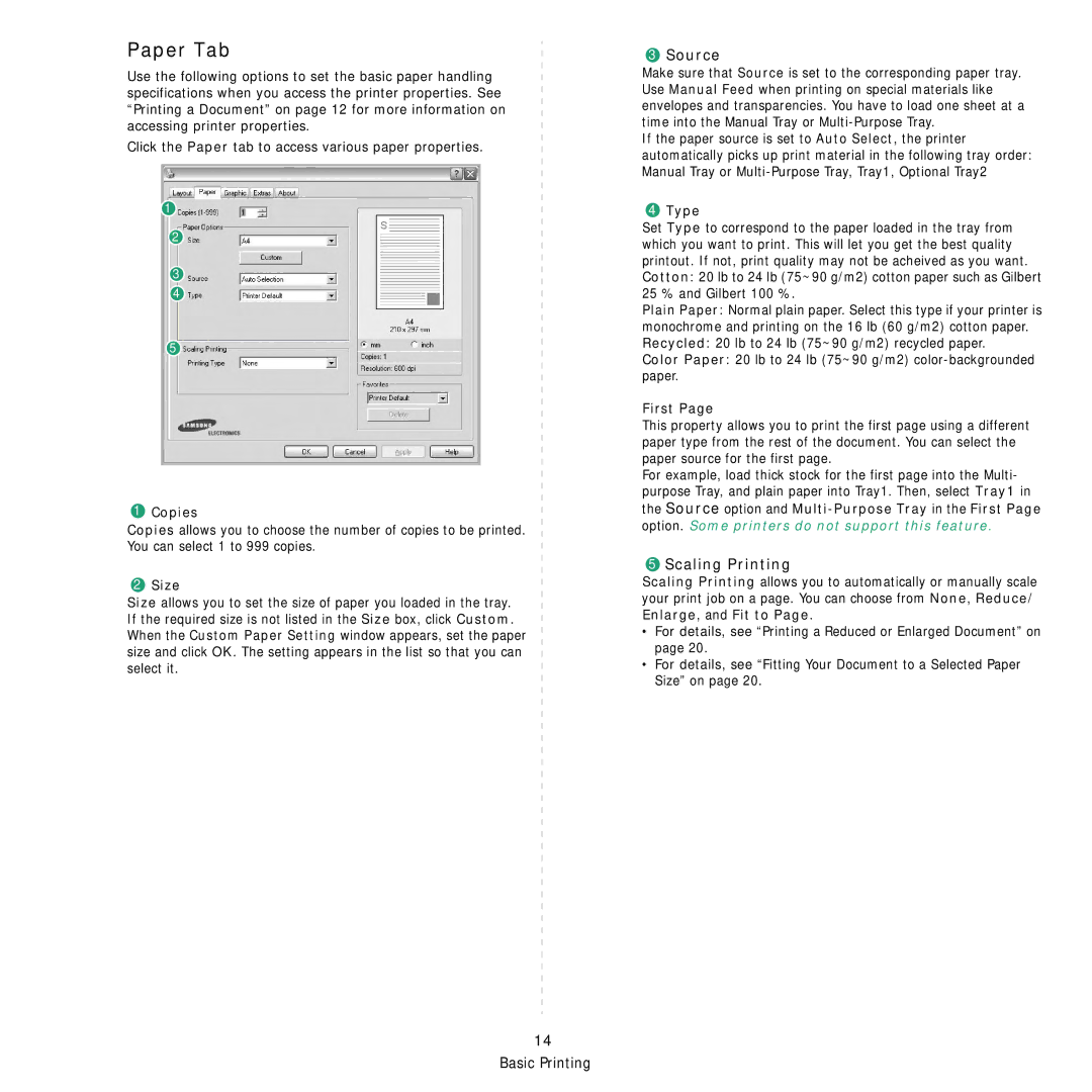 Samsung ML-3050 manual Paper Tab, Source, Scaling Printing 