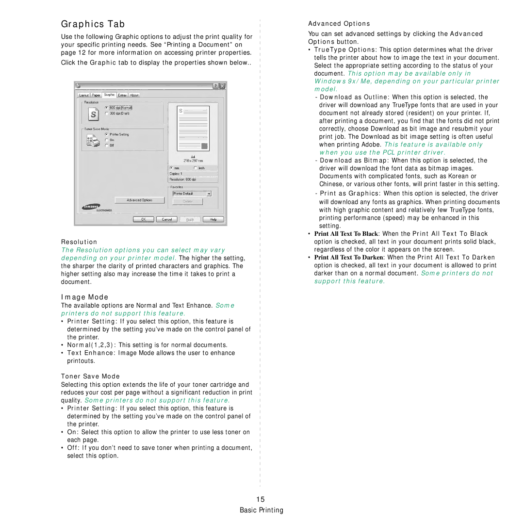 Samsung ML-3050 manual Graphics Tab, Image Mode, Resolution, Toner Save Mode, Advanced Options 