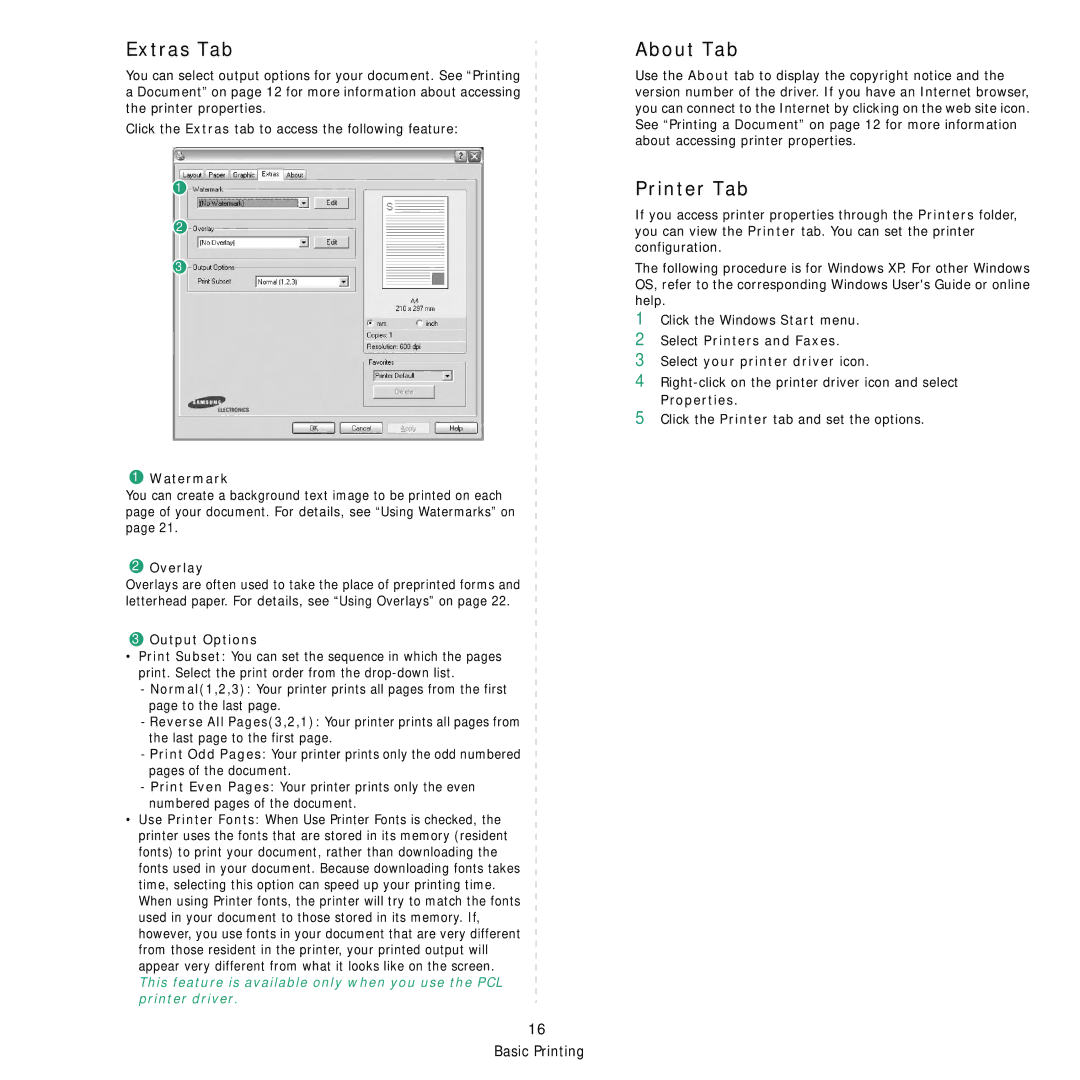 Samsung ML-3050 manual Extras Tab, About Tab, Printer Tab 