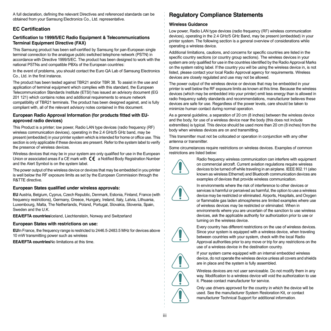 Samsung ML-3050 manual European States qualified under wireless approvals, European States with restrictions on use 