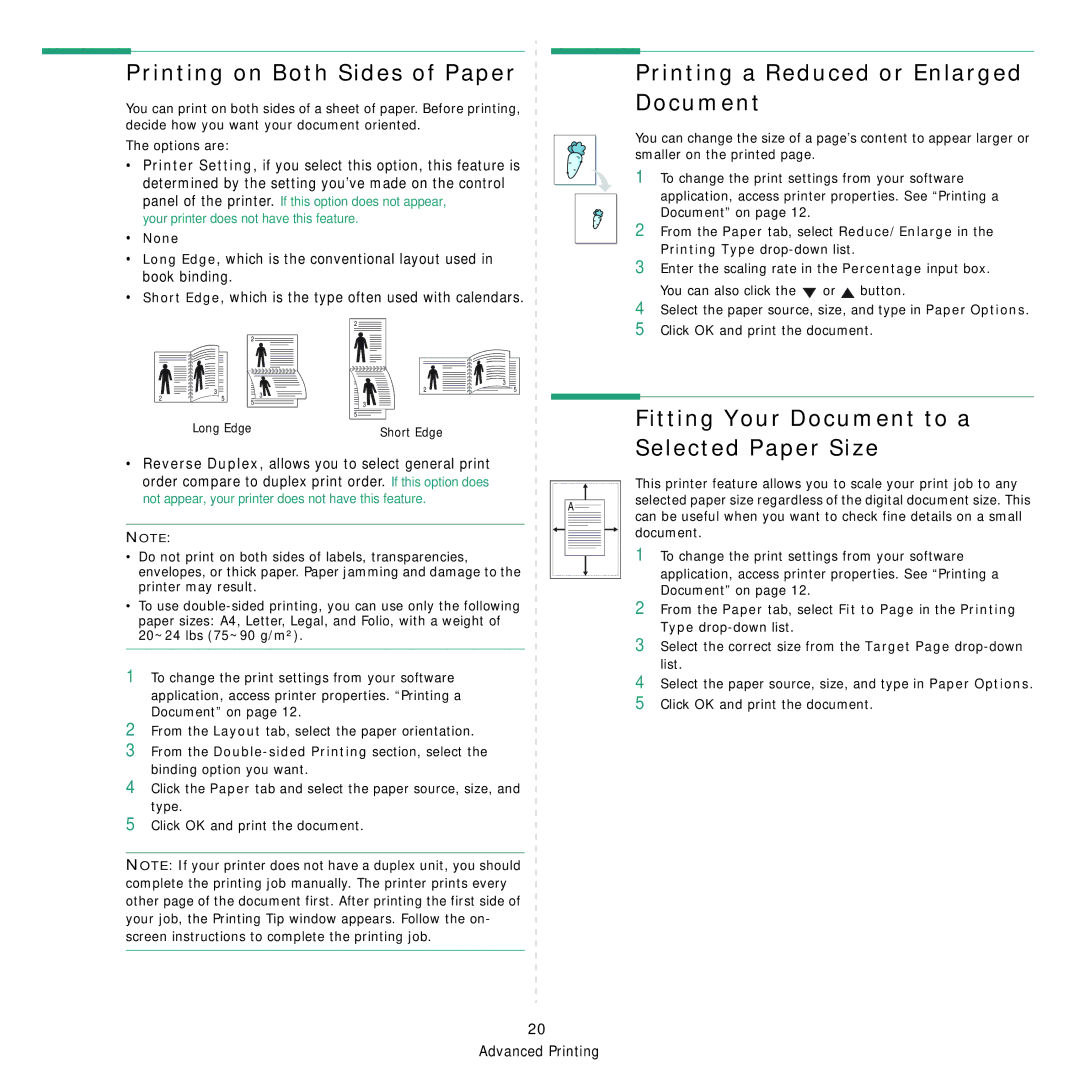 Samsung ML-3050 manual Printing on Both Sides of Paper, Printing a Reduced or Enlarged Document, None 