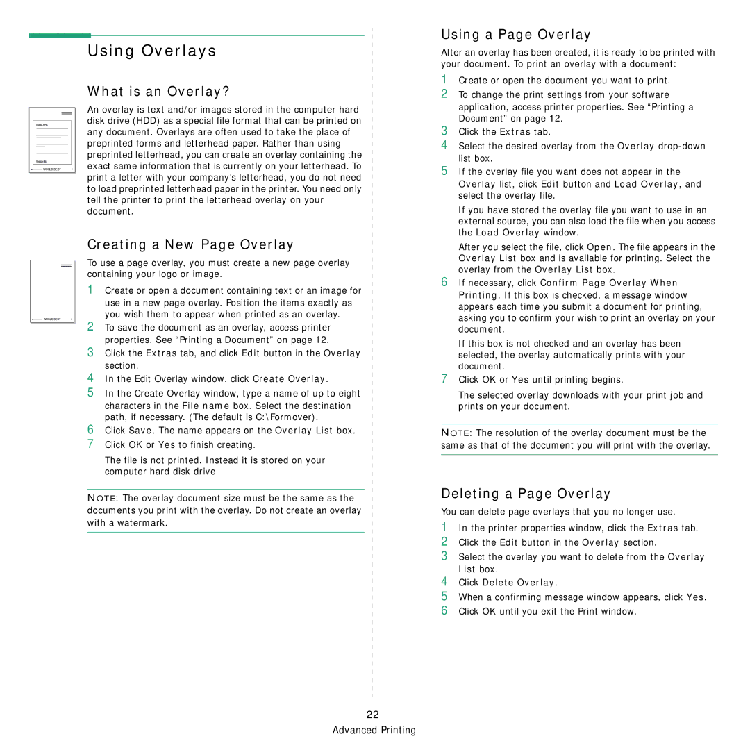 Samsung ML-3050 manual Using Overlays, What is an Overlay?, Using a Page Overlay, Creating a New Page Overlay 