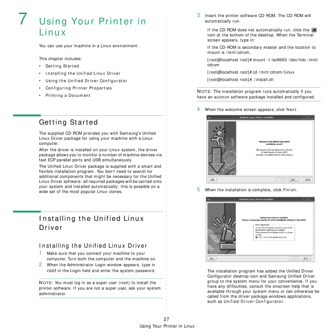 Samsung ML-3050 manual Getting Started, Installing the Unified Linux Driver 
