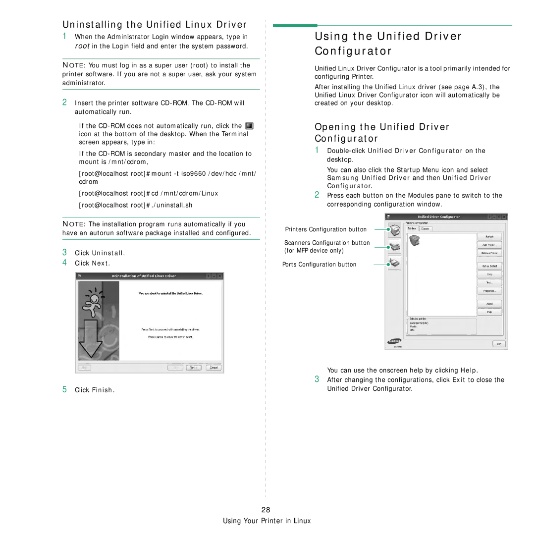 Samsung ML-3050 manual Using the Unified Driver Configurator, Uninstalling the Unified Linux Driver, Click Uninstall 