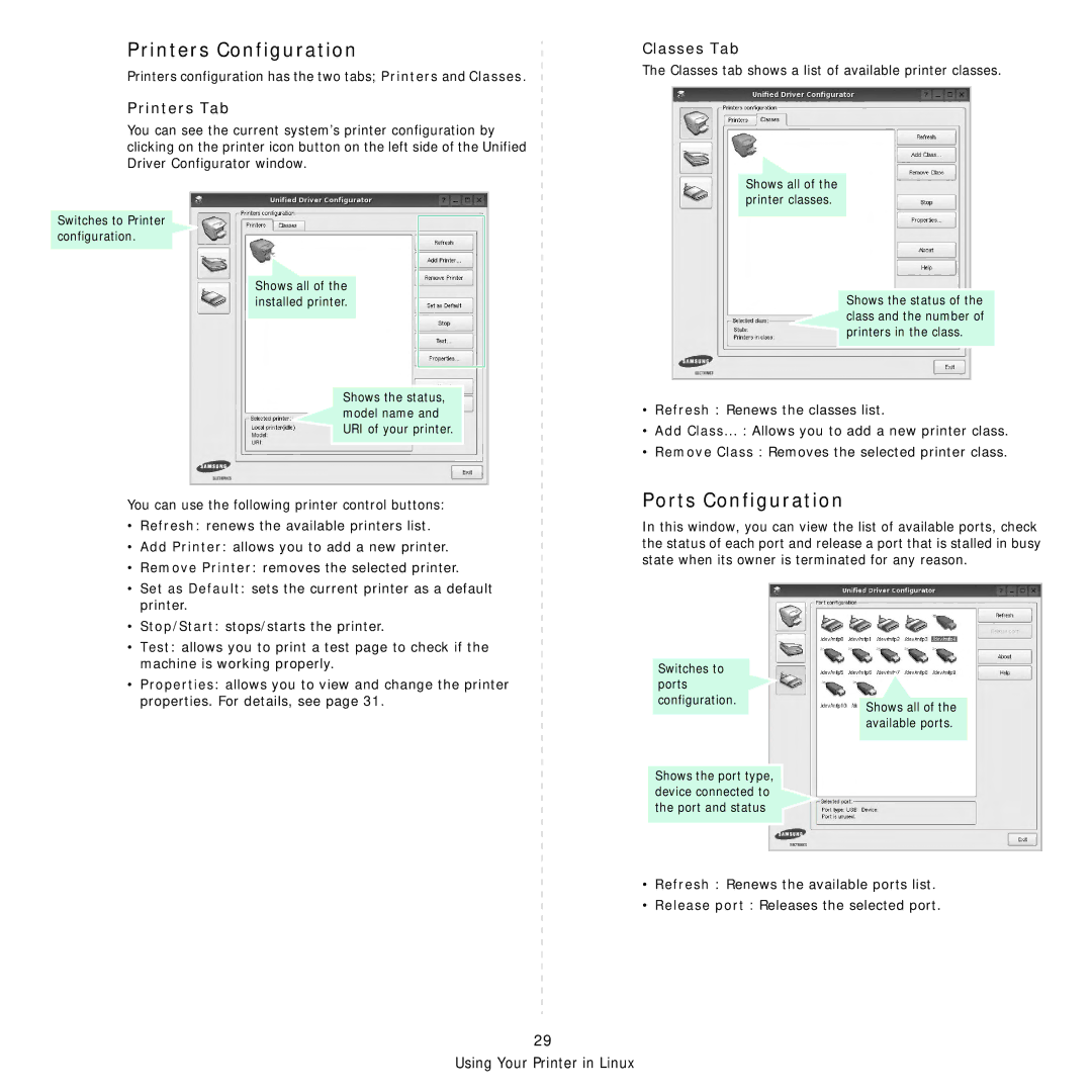 Samsung ML-3050 manual Printers Configuration, Ports Configuration, Printers Tab, Classes Tab 