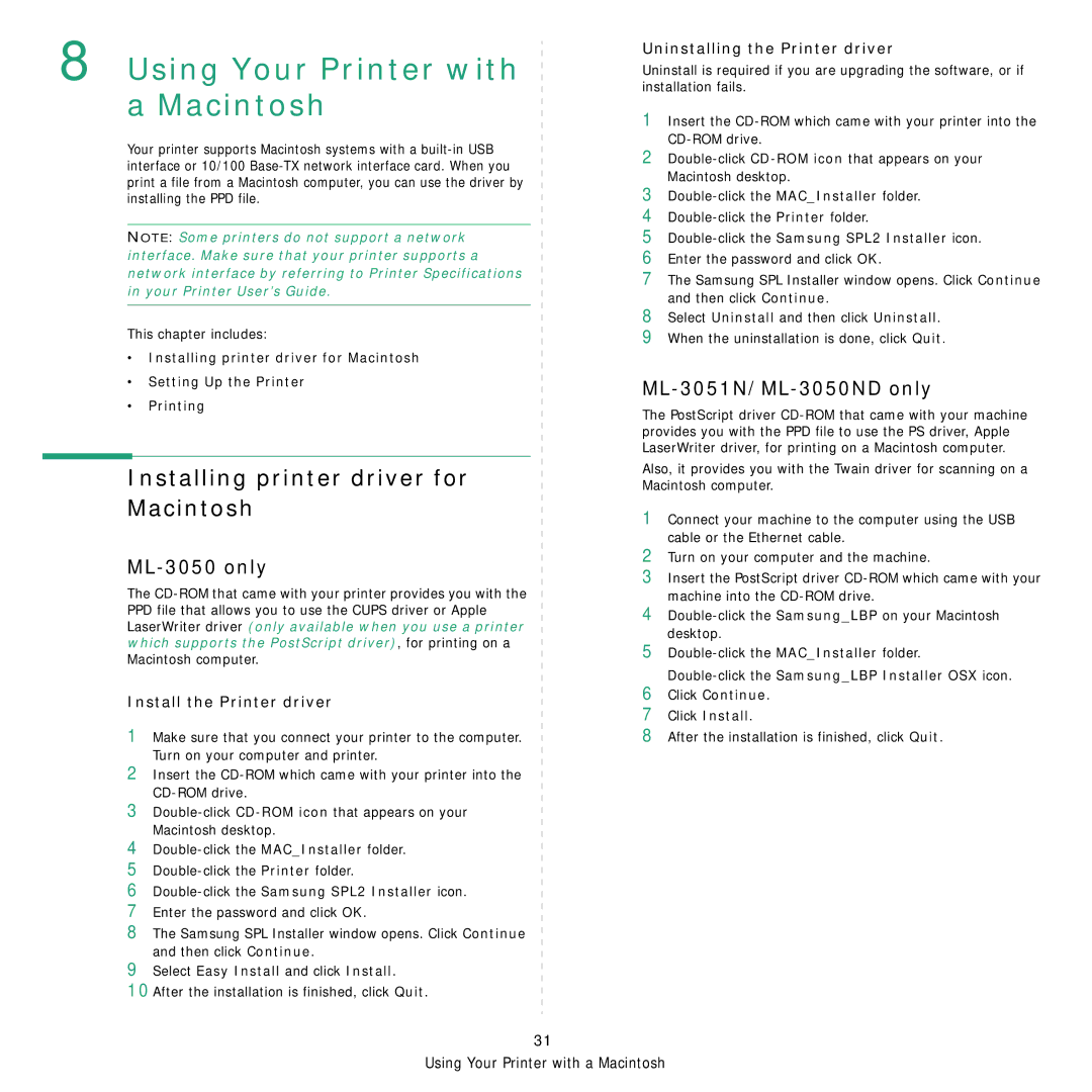 Samsung Installing printer driver for Macintosh, ML-3050 only, ML-3051N/ML-3050ND only, Install the Printer driver 