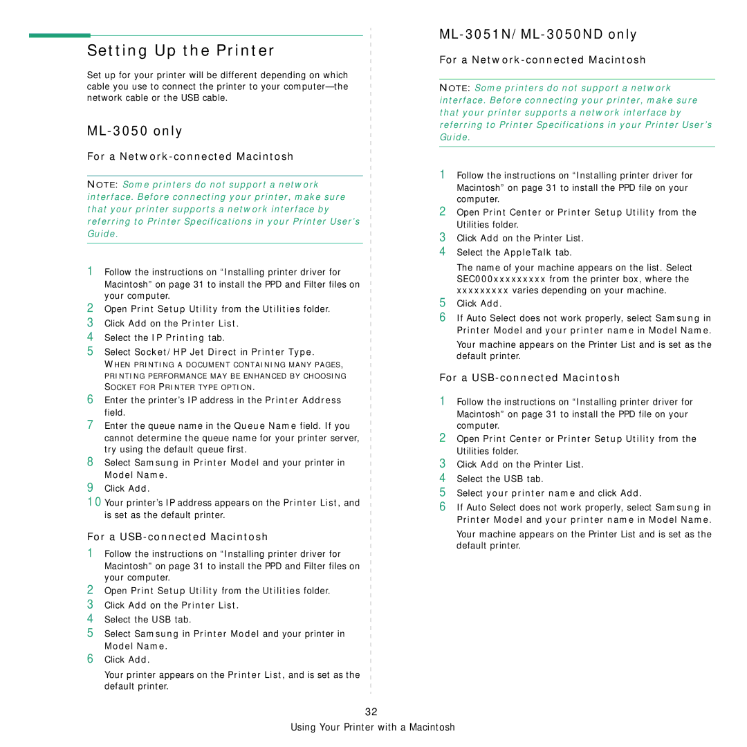 Samsung ML-3050 manual Setting Up the Printer, For a Network-connected Macintosh, For a USB-connected Macintosh 