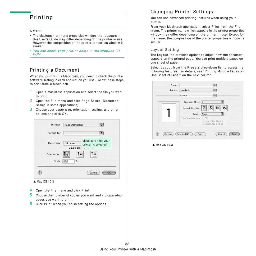 Samsung ML-3050 manual Printing a Document, Changing Printer Settings, Layout Setting 